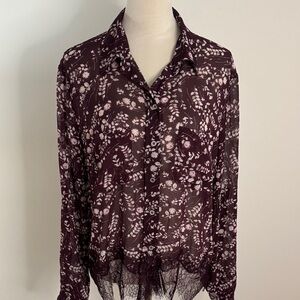 New York & Company Sheer Floral Blouse - Deep Purple and Soft Pink